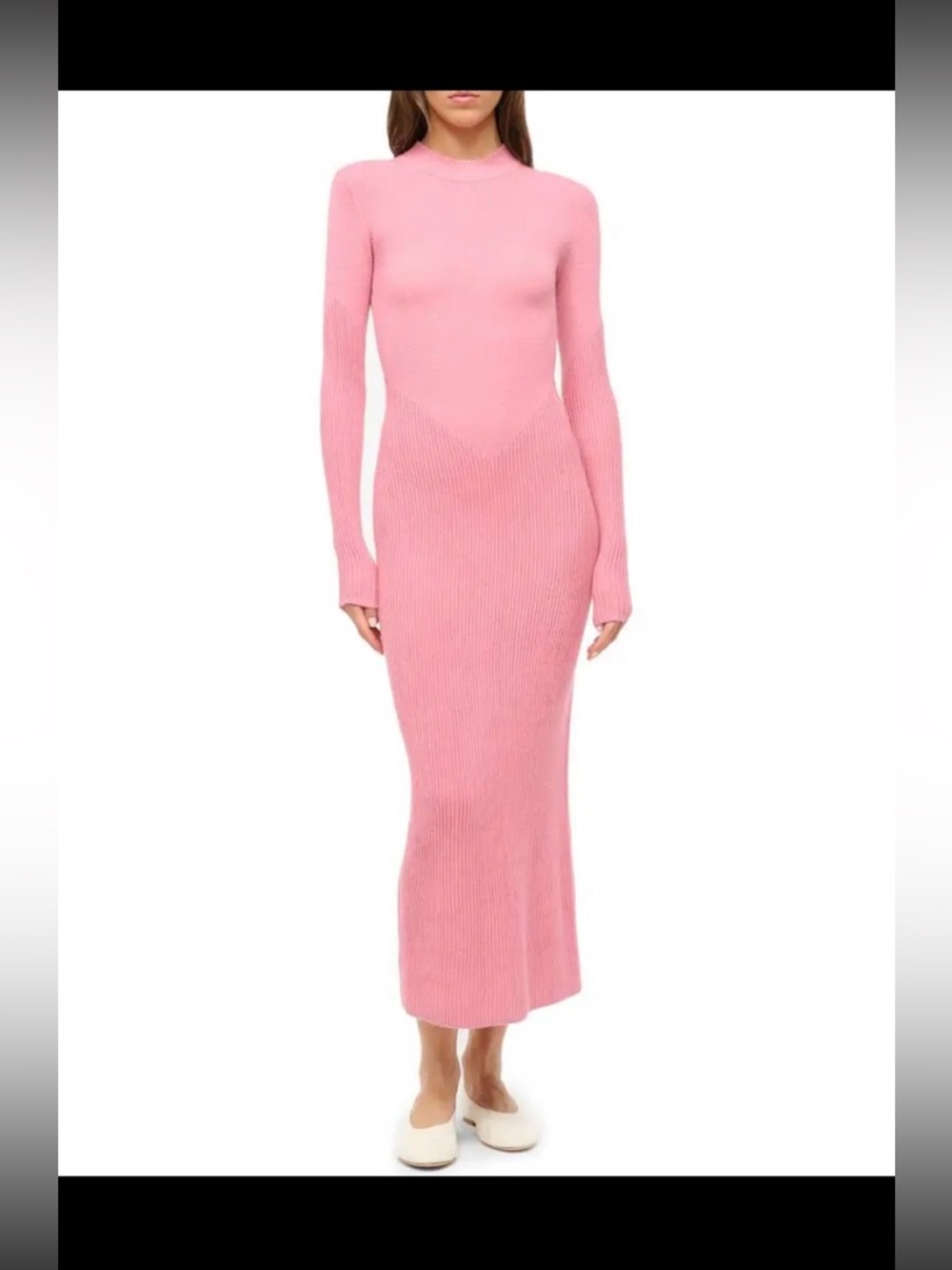 STAUD Ramona Pink Ribbed Knit Mock Neck Long Sleeve Bodycon Sweater Dress M
